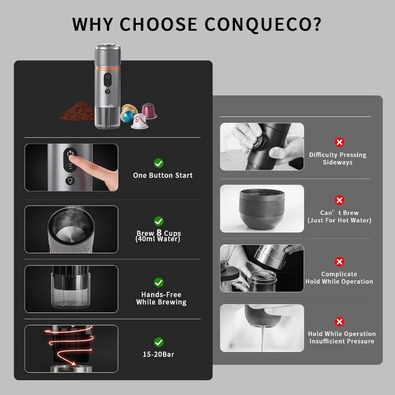 CONQUECO Portable Espresso Machine Travel: 12v Car Coffee Maker for Camping - Small Electric - 2.5 Mins Heating- 8 Cups Espresso 4