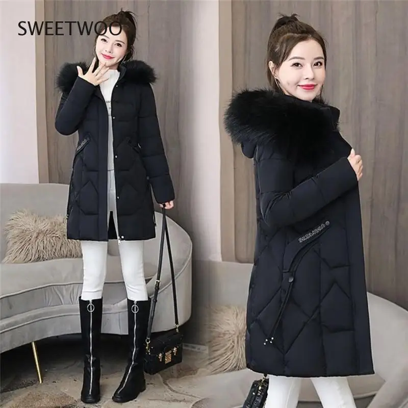 2020 New Winter Jacket Women Coat Fur Collar Hooded Thick Parkas Warm Cotton Padded Jacket Female Long Parka Outwear