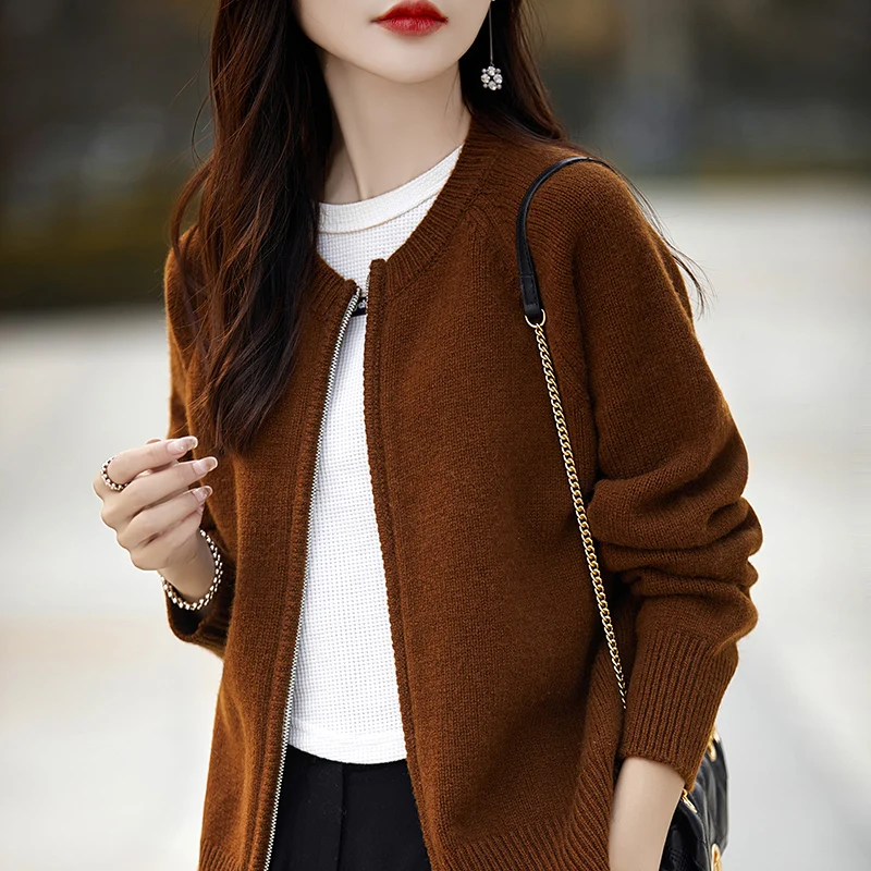 여성용 100% 울 캐시미어 스웨터, 라운드넥 카디건, 루즈한 한국 패션, 여성 상의 재킷, 2024 용수철 가을 신상