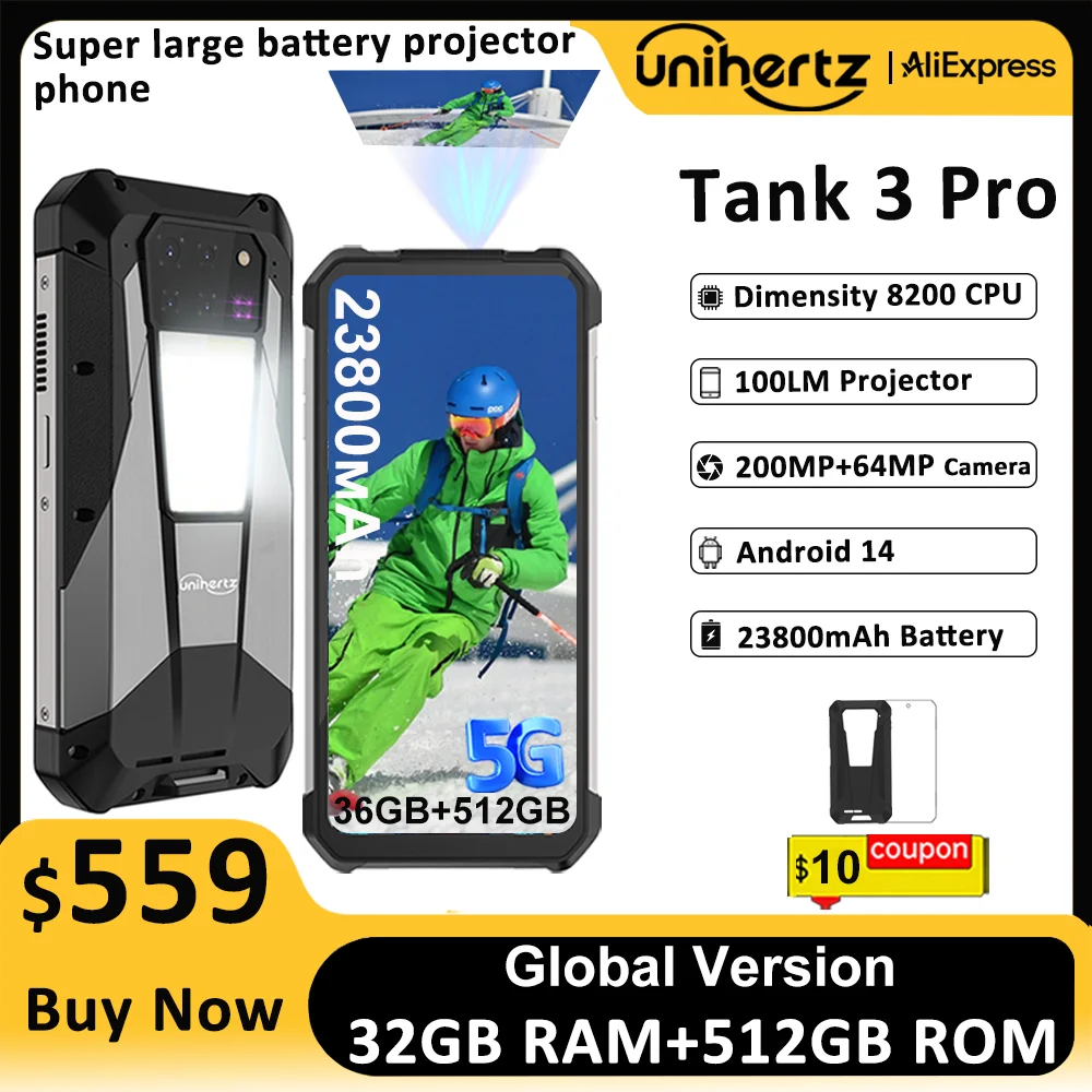 Unihertz Tank 3 Pro 8849 견고한 스마트폰 안드로이드 5G, 100 루멘 프로젝터 32/36GB 512GB 23800mAh 방수 200MP 휴대폰