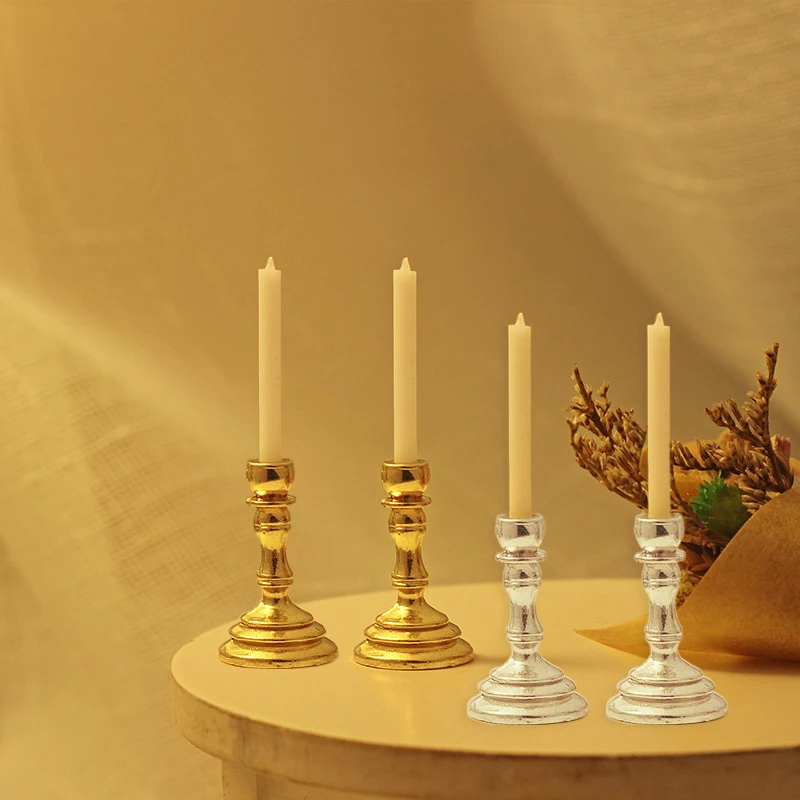 

1Pair 1/12 Doll House Miniature Metal Candlestick Simulation Candle Model Toy Mini Furniture Decoration Dollhouse Accessories