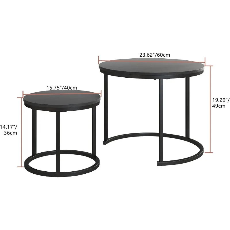 Small Coffee Table Set of 2,Round Coffee Table End Tables for Living Room,Modern Black Coffee Table Nesting Tables,Farmhouse 3