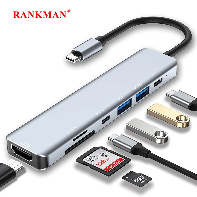 USB C 허브-4K HDMI 호환 SD TF 카드 리더, USB 3.0 2.0, C타입 충전 도킹, 맥북 아이패드 삼성 S22 덱스 TV 마우스용