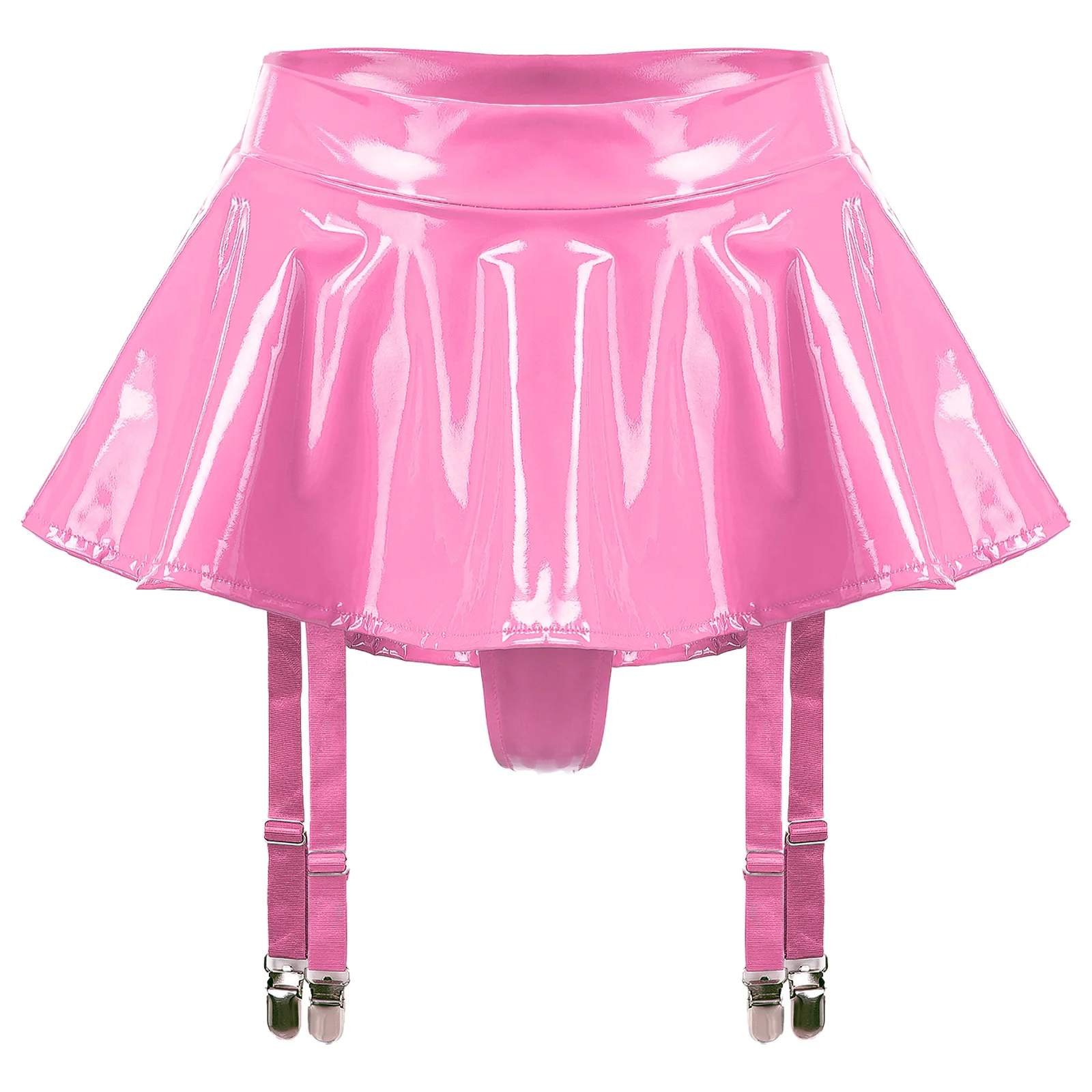 

Womens Glossy Patent Leather Mini Skirt Built-in Thongs Garter Belts Metal Clips Lingerie Miniskirt Party Pole Dancing Clubwear