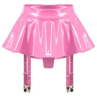 Womens Glossy Patent Leather Ruffle Mini Skirt Built-in Thongs Garter Belts Metal Clips Shorts Miniskirt Wet Look Rave Clubwear 2