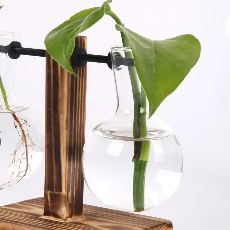 Bulb vase with Wooden Stand Desktop Glass Planter For Hydroponics Plants Coffee Shop Room Decor
