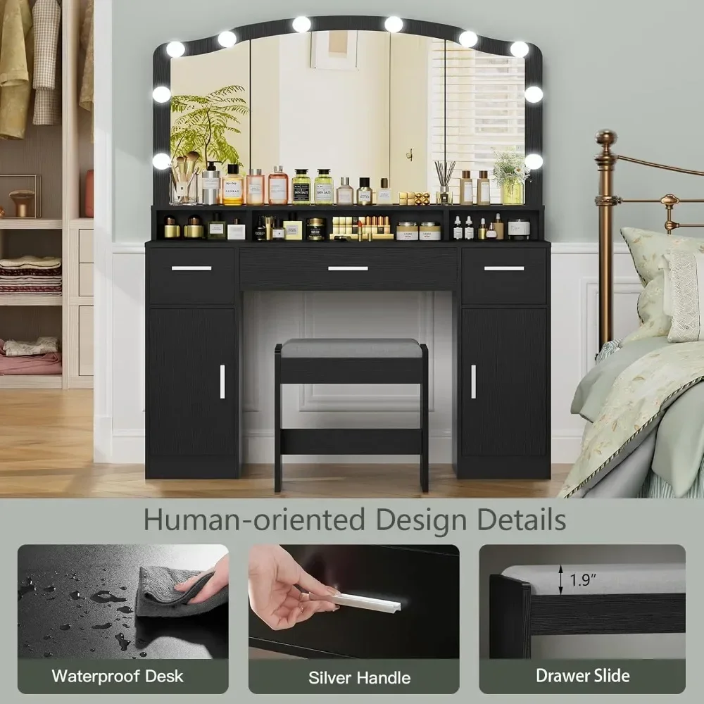 10 Led Lights, Dressing Vanity Table with Stool,Makeup Vanity with Lights, with 3 Drawers, 2 Cabinets & Long Storage Shelf 4