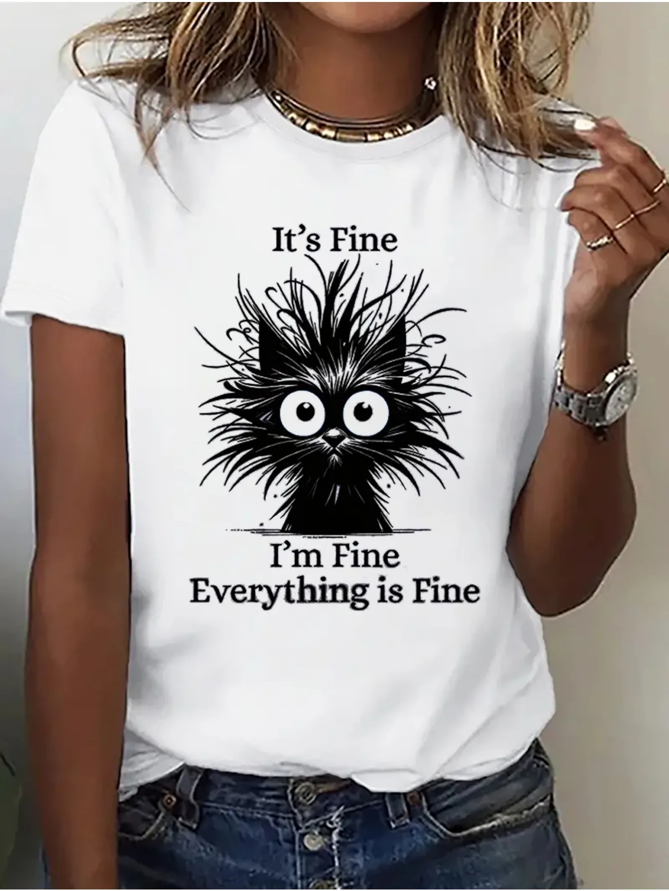 Fantastic "It Doesn'T Matter I'M Fine Everything Is Fine" Ladies' Cat T-Shirt Versatile High-Quality Leisure Sports Women'S Wear 1