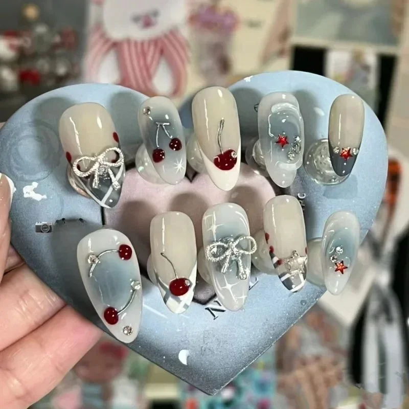 Handcrafted French Almond Press-On Nails – Cherry & Bow Design