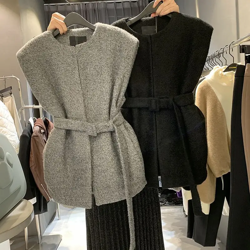 Spring Autumn New Women's Solid Color Crew Neck Zipper Sashes Fashion Simplicity Casual Loose Mid Length Version Vest Tops plush cardigan sweater men s local korean version zipper knit sweater autumn and winter thick hooded sweater large jacket men