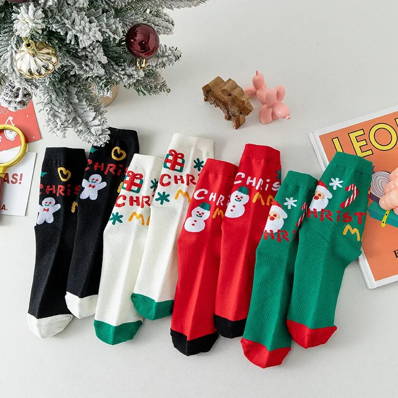 

Autumn/Winter Year Red Christmas Socks Women's Midtube Cute Cartoon Gingerbread Man Snowman Santa Claus Socks