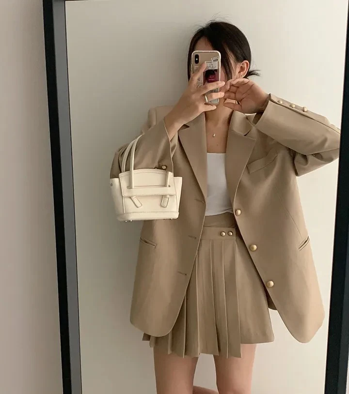 Korean Chic Two-piece Skirt Set Women Single Breasted Blazer Loose Jacket Solid Pleated Mini Skirt Autumn Office Lady Outfits