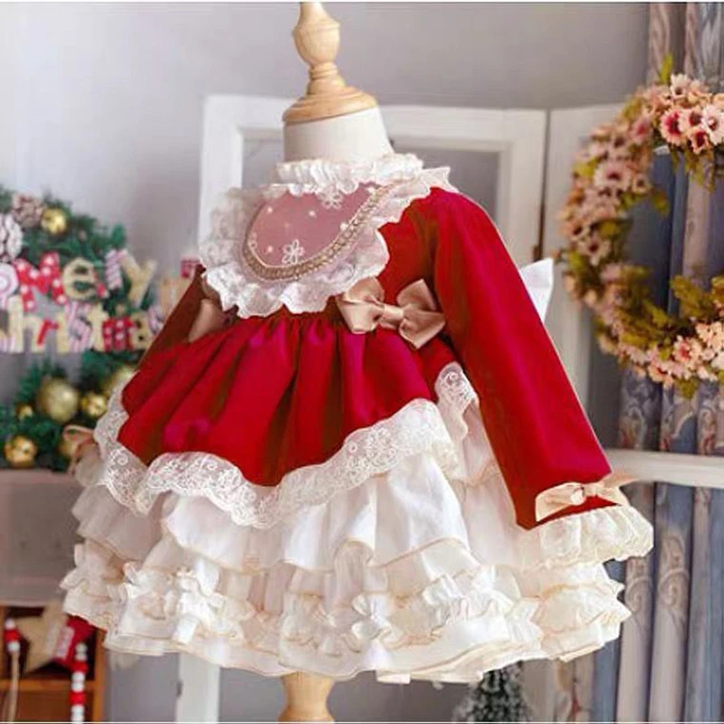 Winter Thicker Lolita Dress Girls Kids Infants New Year Dress Long Sleeve Red Cute Lolita Doll Teen For Girls 14T
