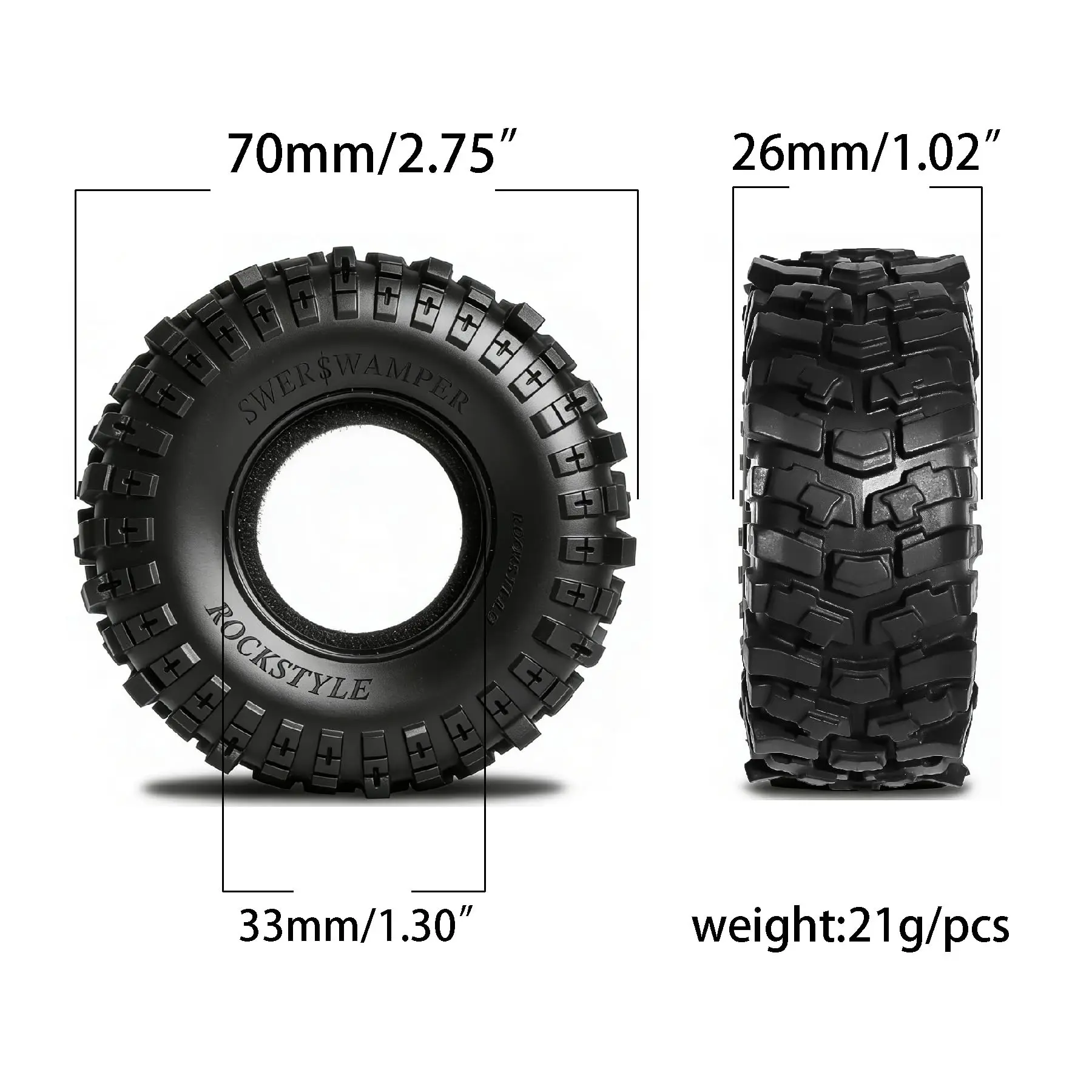 Gros plan sur la surface des pneus RC Crawler 1.3 pouces, détail du motif de crampons pour l'adhérence