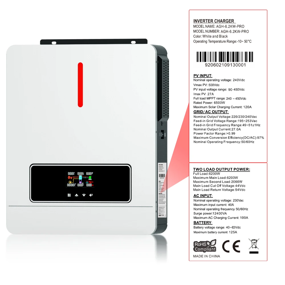PYROSOLAR 하이브리드 태양광 인버터, MPPT 120A 태양광 충전기 포함, 순수 사인파 인버터, 그리드 듀얼 출력, 48V, 230VAC, 6.2KW, 6200W