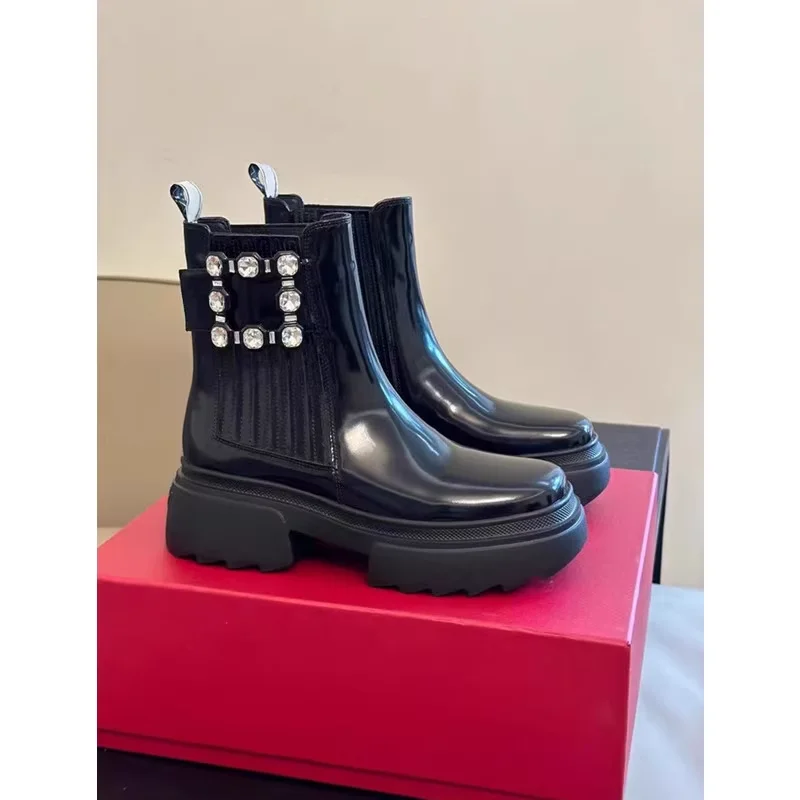 

Muffin Platform Ankle Boots Rhinestone Square Buckle Chelsea Boots English Style Chunky Heels Height Increased Shoes 2023 Autumn