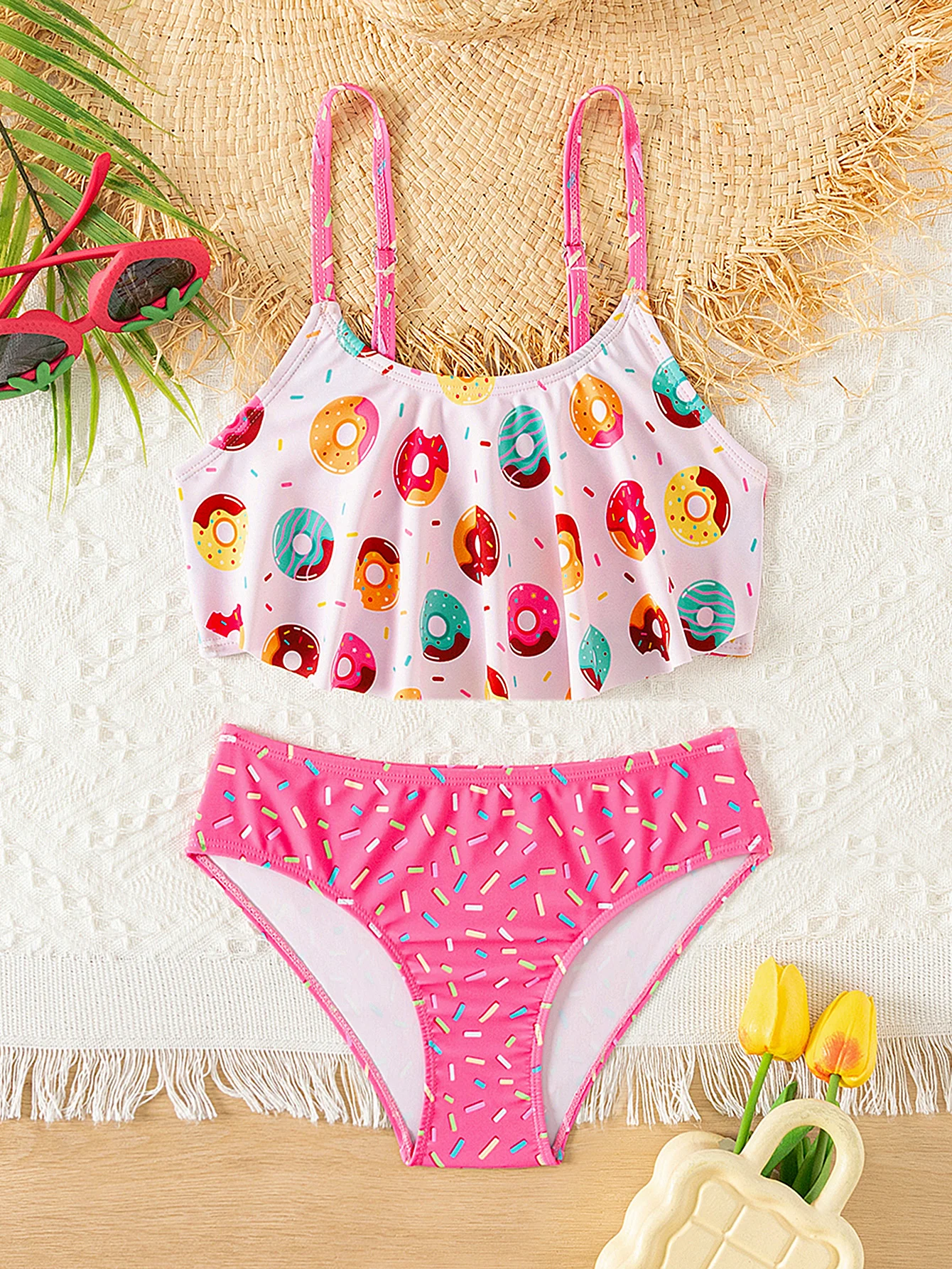 Donut Print Ruffle Deco Girls Kids 2-piece Swimsuit for Summer Beach Outdoor girls swimsuit