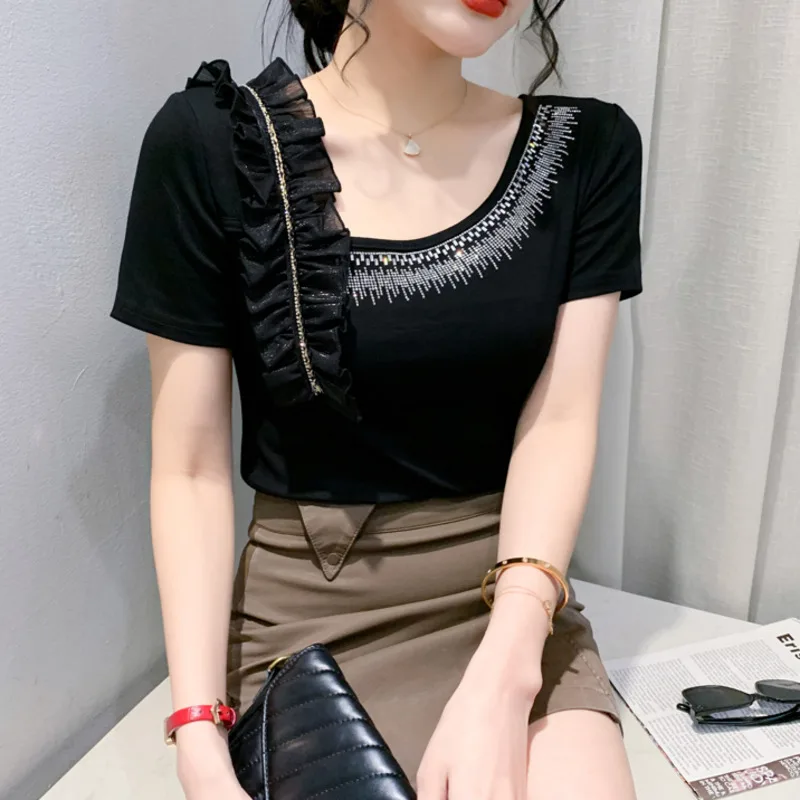 

#6142 Black Red Short T Shirt Women Skew Collar Sexy Tight Spliced Ruffles Womens Tee Shirts Slim Summer T-shirt Femme Diamonds