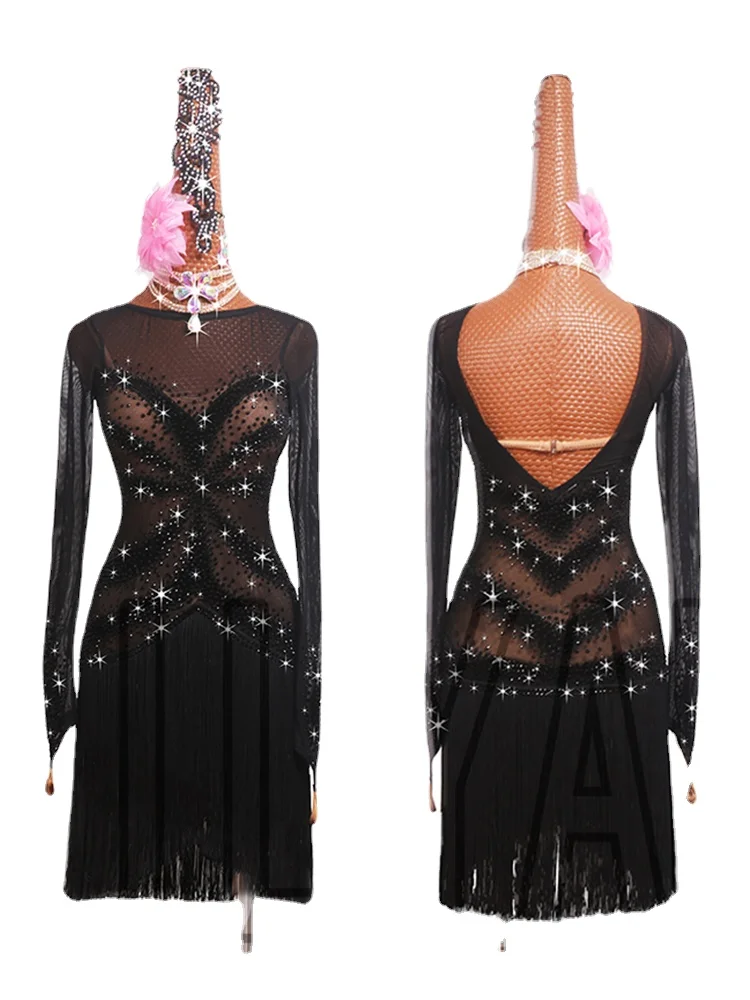 

Женское платье для латиноамериканских танцев, черное эластичное Сетчатое платье с длинными рукавами, кисточками и стразами, для выступлений и представлений, 2019