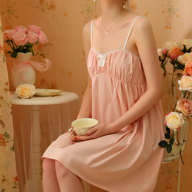 

Cute Lace Trim Bow Camis Nightgown Kawaii Sleeveless Spaghetti Straps Flods Mini Sleepshirts French Women Aesthetic Pajamas