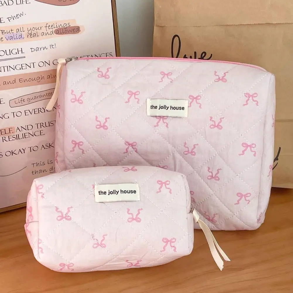 Pink Bowknot Quilting Women Cosmetic Bag Portable Zipper Makeup Travel Organizer Female Handbag Toiletry Pouch For Girls 5