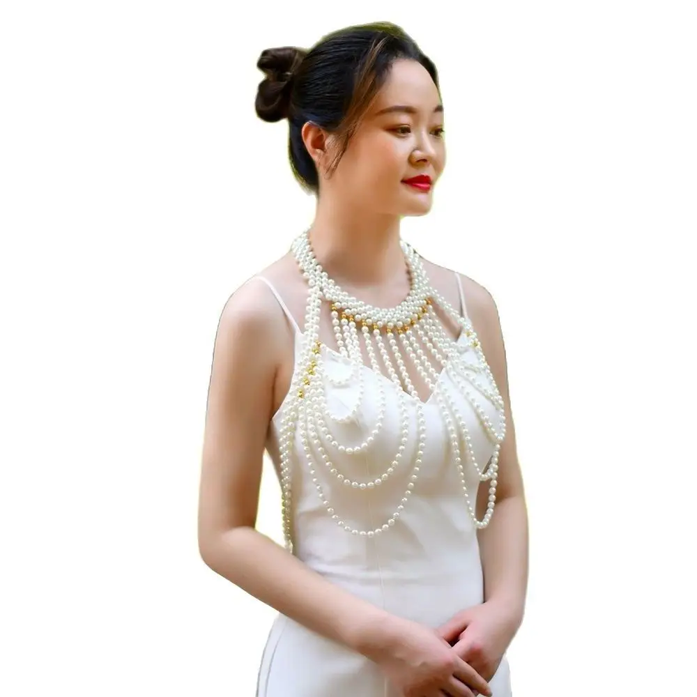 

TOPQUEEN Sexy Body Jewelry For Women Hollow Out Pearl Vest Camis Tank Top Necklace Strap Chains Layers Imitation Pearls Top G49