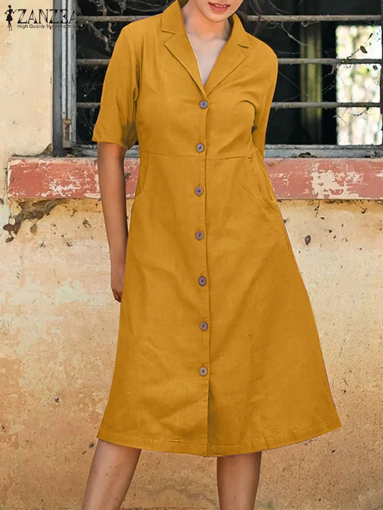 

ZANZEA Women Suit Collar Knee-length Robe 2023 Summer Solid Office Pocket Dresses Short Sleeve Skirt Dress Notched Lapel Vestido