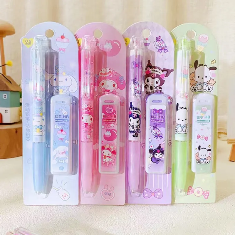 4Pcs/Set Writing Pencils Set Sanrio Melody Kuromi Cinnamoroll Pochacco Mechanical 0.5mm Press Office Students Stationery Kids Gifts