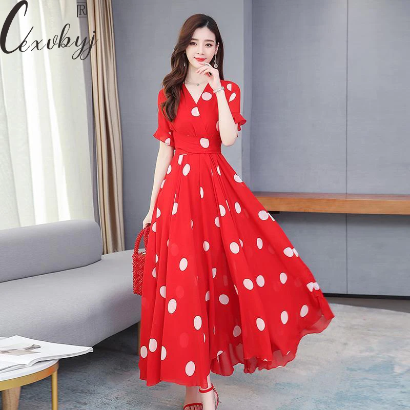 

Maxi Dress Women Elegant Short Sleeve Chiffon Dress Boho V-Neck Dot Print Beach Vacaction Dress Plus Size Bodycon Party Vestidos