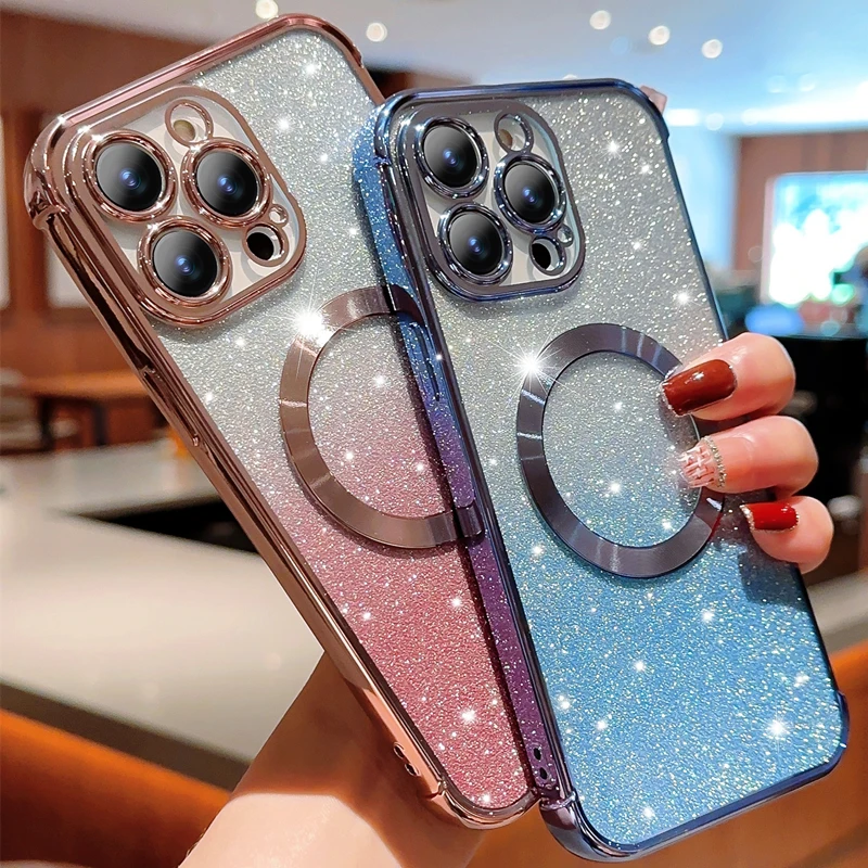 Luxury Glitter Plating Frame Magsafe Magnetic Phone Case For iPhone 11 12 13 14 Pro Max 14Plus Wireless Charging Protector Cover_voghion.com