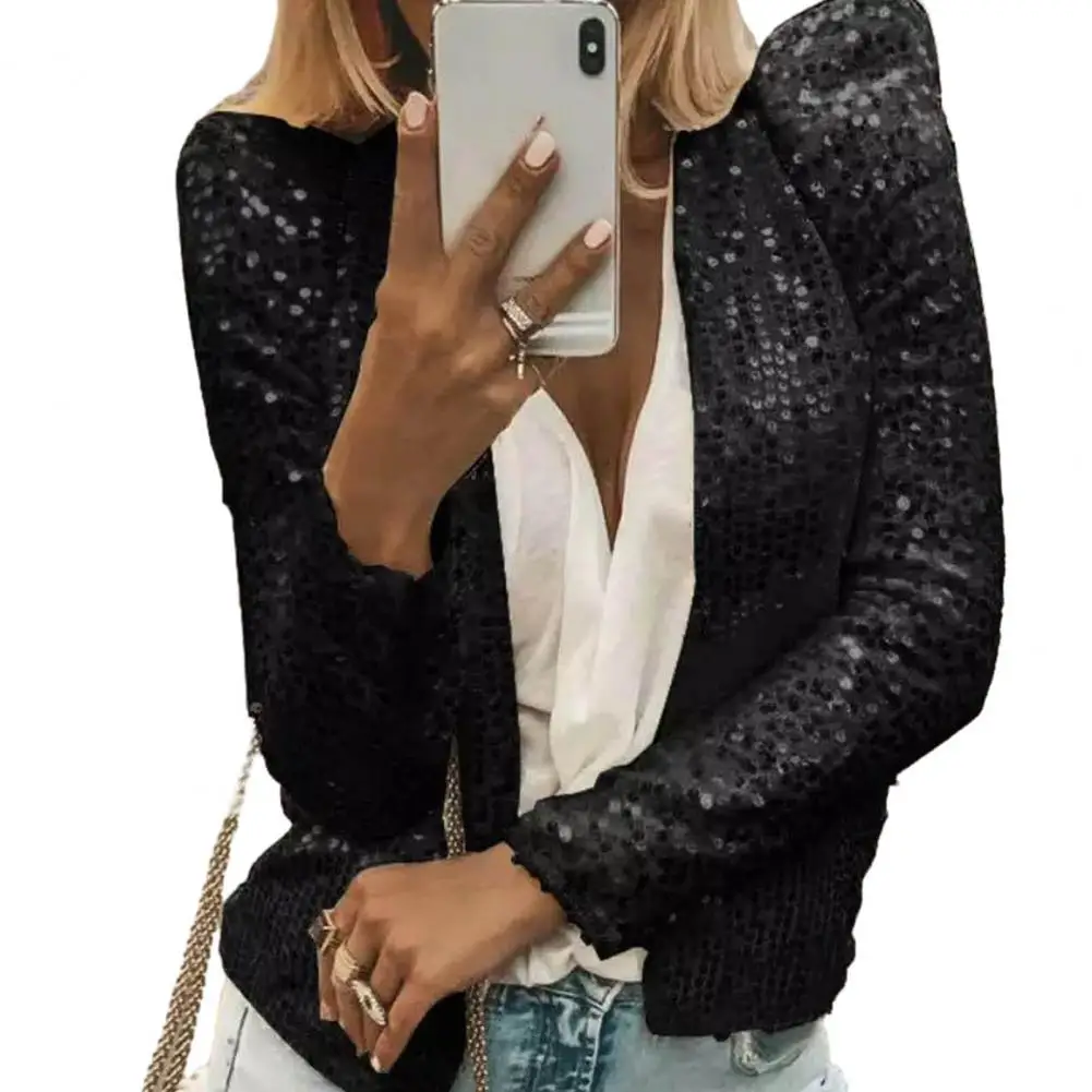 

Spring Fashion Jacket Sequin Round Neck Women's Coat Long Sleeve Open Stitch Cardigan for Commute Club Party Solid Color Lady