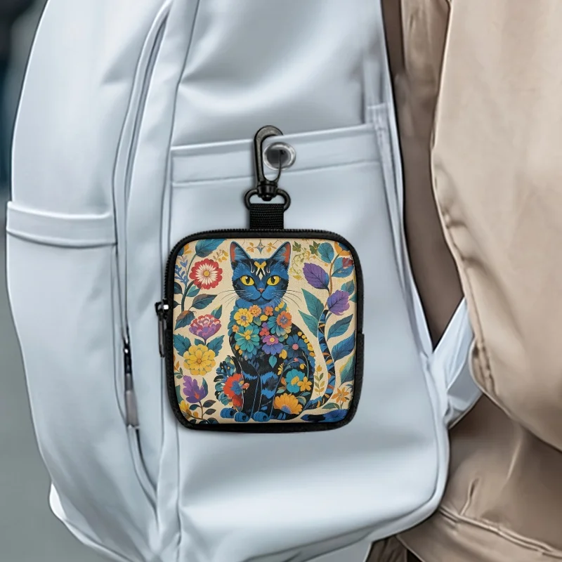 Colorful Cat Print Coin Purse Artificial Leather Zipper Storage Bag Multi Functional Mini Earphone Case
