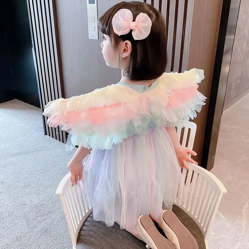 

Girls' Dress Summer New Baby Girl Winged Yarn Dress Little Girls' Pengpeng Princess Dress Fashionable Children's Dress