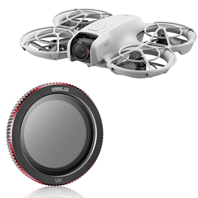 Filtre UV en verre optique pour DJI Neo, vue rapprochée montrant la qualité de la lentille.