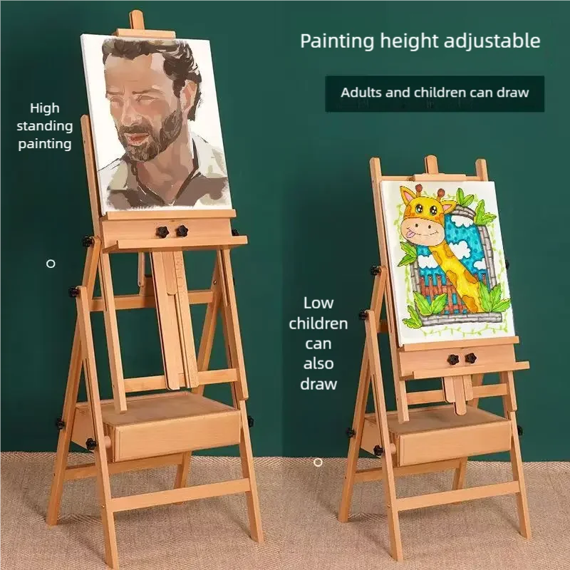 Flat and Vertical Dual-use Art Student Specific Oil Painting Easels Beech Drawer Style Foldable Adjustable Easels