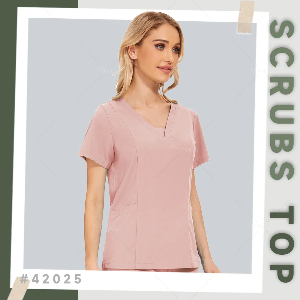 

Soft Breathable Scrubs Nurse Uniform Tops Unisex Solid Color Elastic Workwear Medical Doctor Clinical V Neck Blouse