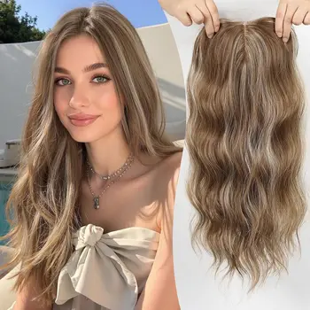 Toppers per capelli ondulati da 20 pollici Posticci sintetici premium biondi misti castani lunghi con clip in pizzo a base larga 6 * 6 per capelli per le donne
