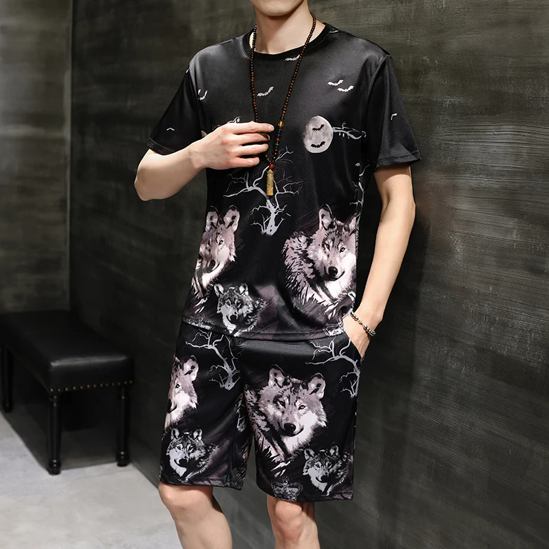 

[Футболка + шорты] летние новые тонкие быстросохнущие Костюмные шорты из вискозы с короткими рукавами и 3D-принтом мужские шорты из двух частей