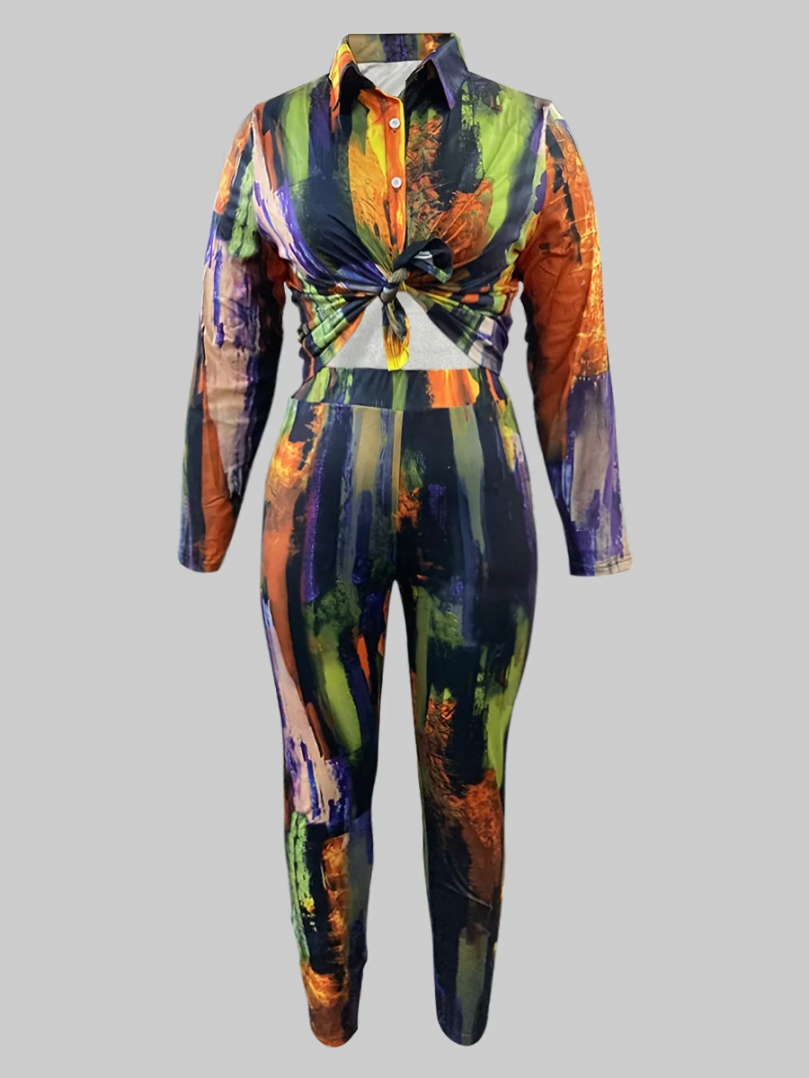 Plus Size Tie Dye Regular Fit Pants Set Shirt Collar Gradient Print Pattern Two Piece Outfit Casual Matching Suit for Women
