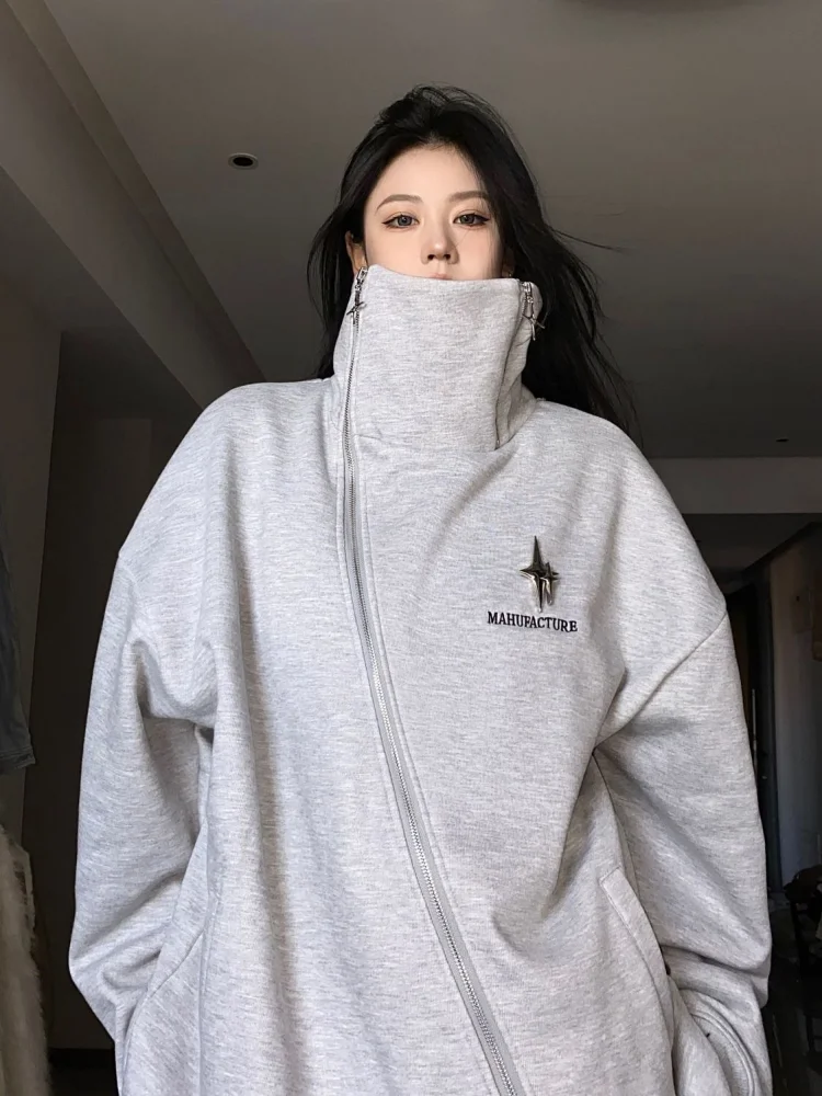 ADAgirl Streetwear Sweatshirt with Zipper Women Irregular Turn-down Collar Oversized Hoodie Loose Casual High Street Female Tops