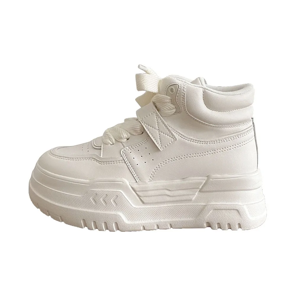 Leather High 6cm Thick Sole Women Casual Shoes Spring High Rise Thick Sole Sports Shoes Lace-up Mixed Colors Women Shoes 24-160