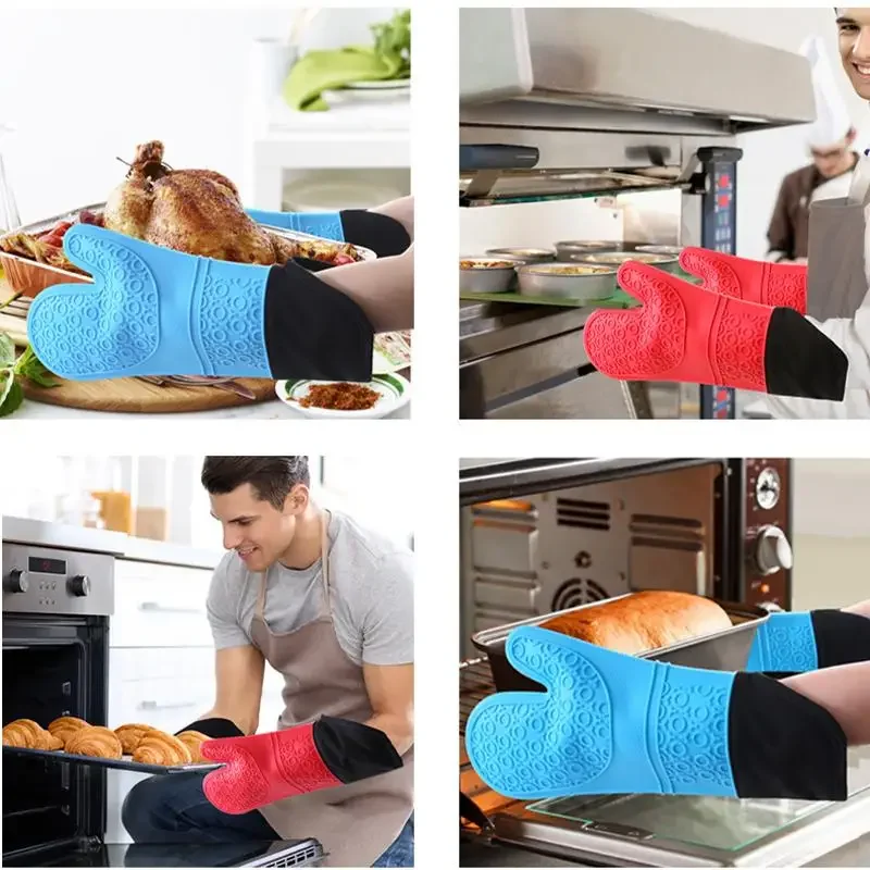 1Pcs Long Silicone Gloves With Cotton Waterproof Kitchen Microwave Mittens Gloves Cooking Bbq Heat-Resistant Oven Mitts