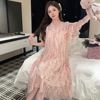 Summer Short Sleeve V-Neck Floral Lace Sleep Dress Women's Home Clothes Sweet Sexy French Princess Style Nightgown Nightdress