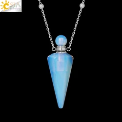 Natural Stone Cone Perfume Bottle Necklace with Healing Clear Quartz Crystal Pendant and Essential Oil Diffuser (Opal Siver color)