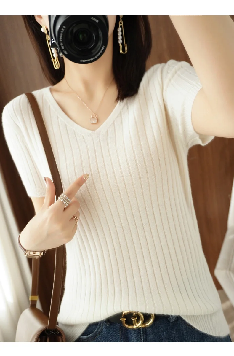 New Ladies Spring Summer Cashmere  Sweater Short sleeve V-Neck Pullover Vertical Striped Knitted Short sleeve Sweater Slim-Fit cardigan