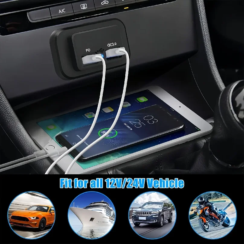 PD QC3.0 96W 듀얼 USB 차량용 충전기 소켓 12V/24V 퀵차지 충전 포트 스위치 LED 라이트 포함 (자동차, 오토바이, 트럭, RV, 버스, ATV용)