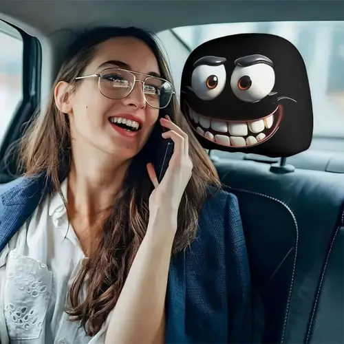 2pcs Funny Big-Eyed Cartoon Print Car Headrest Cover, Suitable For Travel And Daily Commuting,For Halloween Christmas Holiday - Image 3