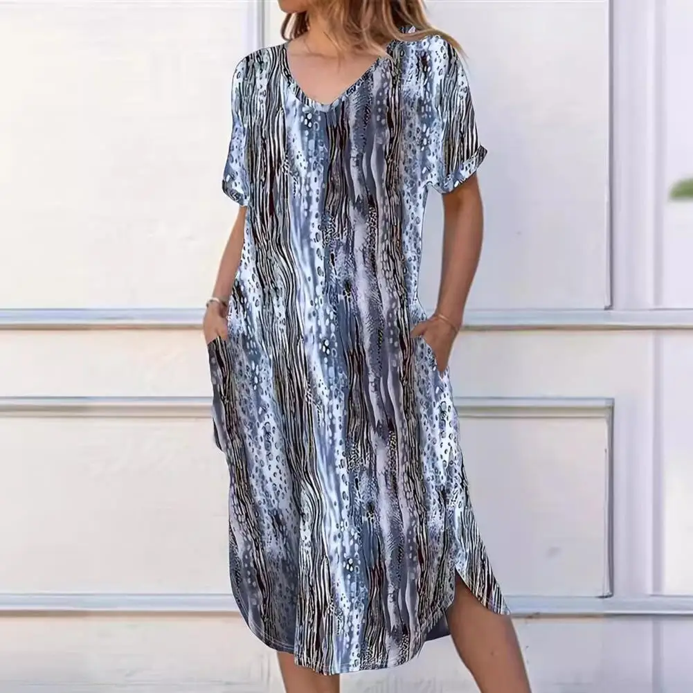 

Spring Slit Dress Stylish Women's V-neck Midi Dress with Irregular Hem Pockets Soft Breathable Summer Dress for Casual Wear