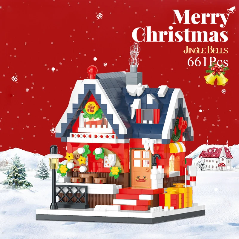 Micro Christmas Coffee Candy House With Lights Model Building Blocks Creative Bookstore Xmas Decoration Diamond Bricks Kids Gift