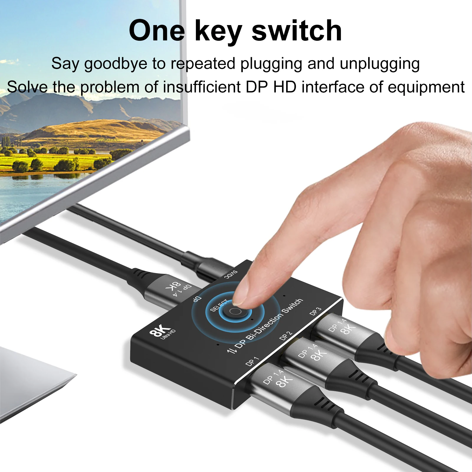 DisplayPort Switch 3 Port DP 1.4 Switcher Box Bi-Direction 1X3 or 